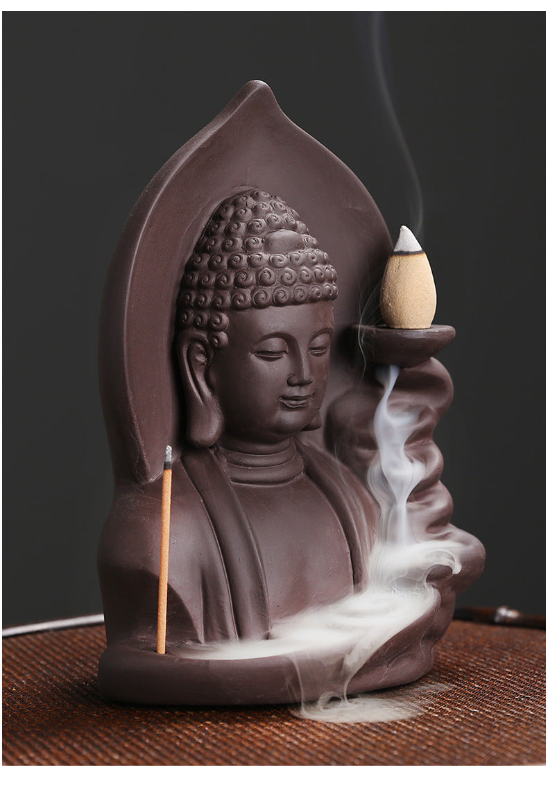 1pc Brûleur d'encens à refoulement Nuages ​​de bon augure Bouddha Brûleur d'encens à refoulement en argile violette Porte-encens (sans encens)