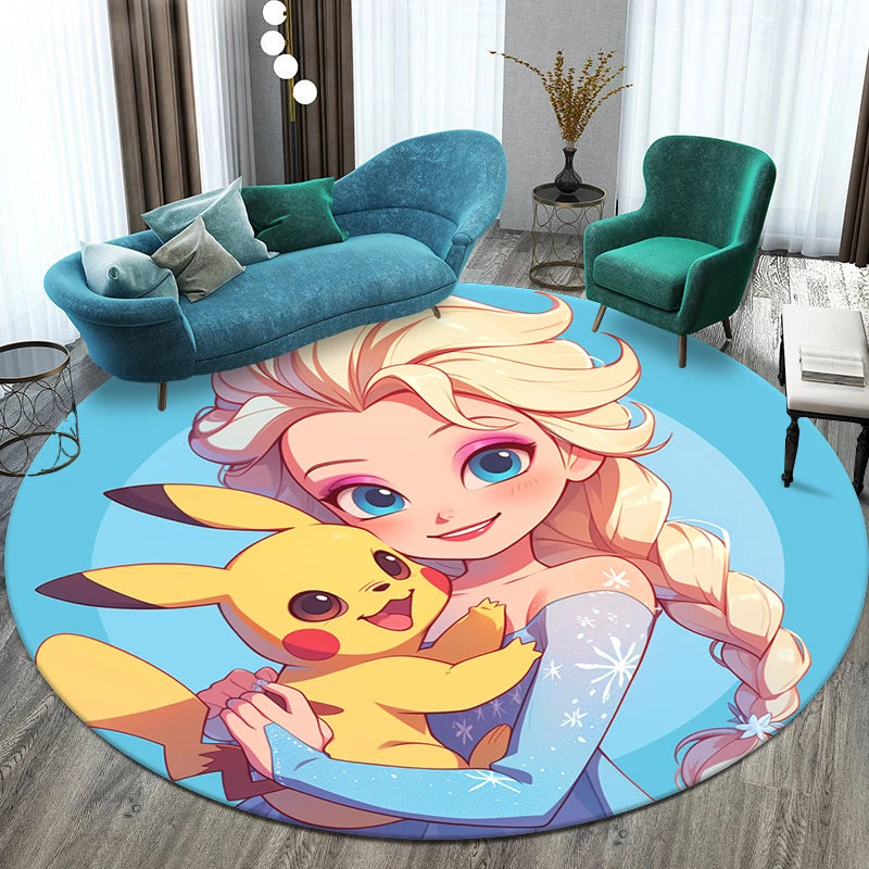Pokemon Cartoon HD Printed Round Carpet for Living Room Bedroom Rugs Camping Picnic Mats Flannel Anti-Slip Rug Yoga Mat Gift