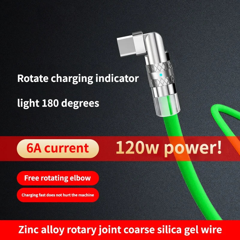 120W Usb Type C Fast Charge Cable 180 Degree Elbow Rotation Type C-Lightning Zinc Alloy Liquid Silicone Data Cable with Light