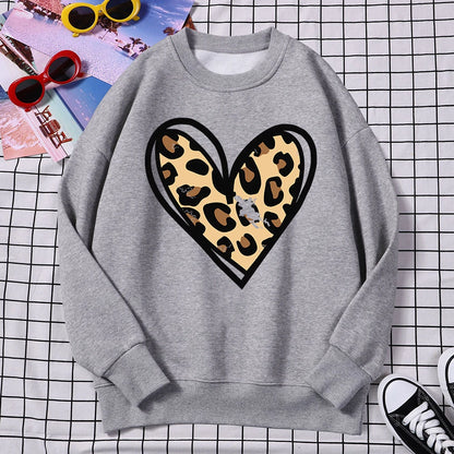 Sweat-shirt d'hiver Harajuku pour femme, imprimé léopard incomplet, imprimé cœur, sweat à capuche, chaud, col ras du cou, polaire confortable