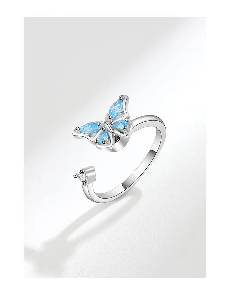 Blue Fidget Spinner Ring Anxiety for Women Multiple Crystal Flower Butterfly Animal Ring Rotate To Anti Stress for Wedding Party