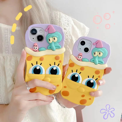 3D Cartoon Cute SpongeBobs SquarePants Patricks Stars Phone Case For IPhone 15 14 13 12 11 Pro Max Soft Silicone Back Cover Gift