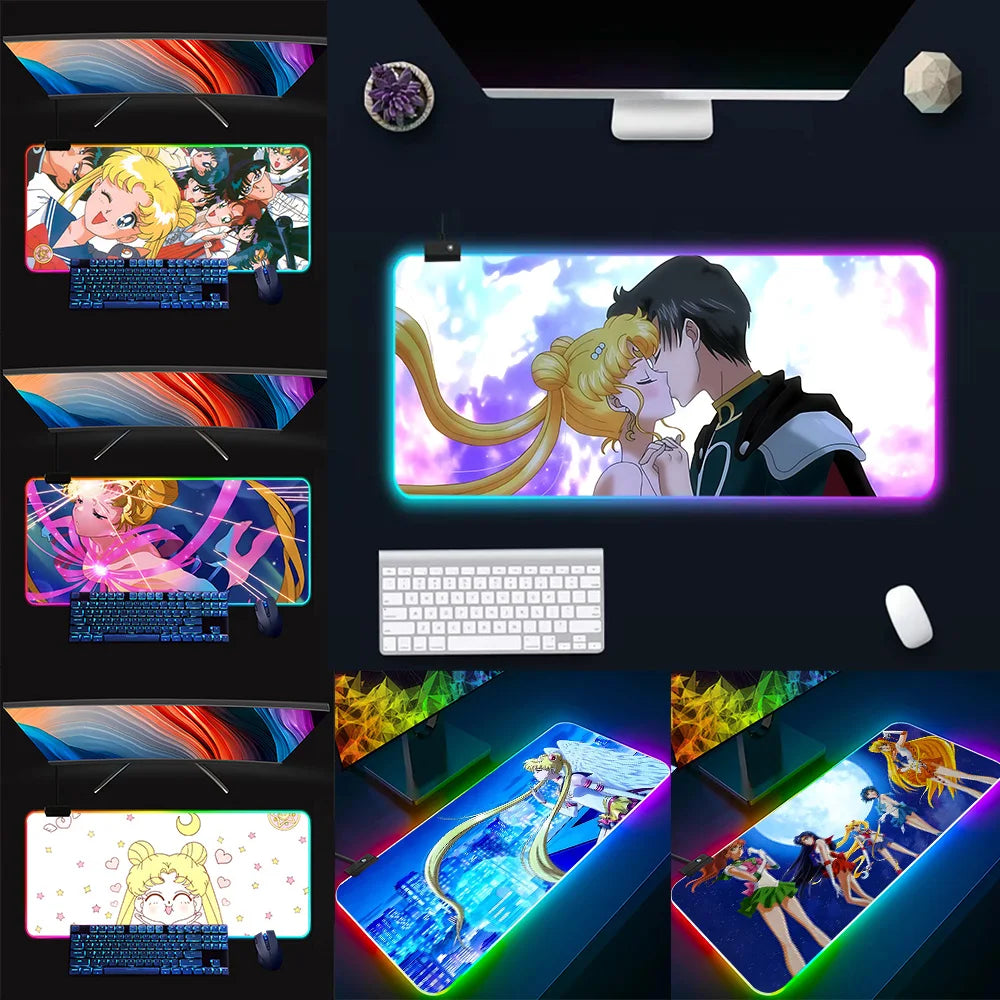 Pink Girl Cartoon Sailors Moons RGB Pc Gamer Keyboard Mouse Pad Mousepad LED Glowing Mouse Mats Rubber Gaming Computer Mausepad