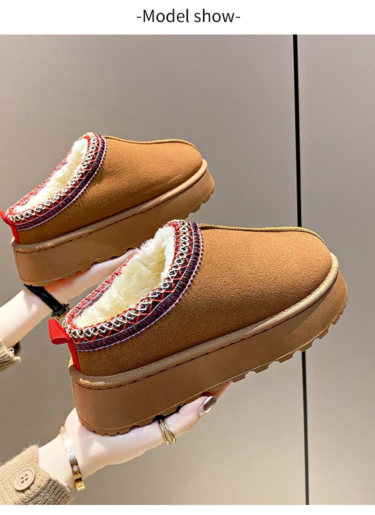 2024 Winter New Snow Boots for Women Cashmere Warm Thick Soles Without Heel-covered Hair Half Slipper Cotton Shoes for Women
