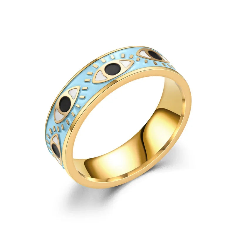 Pink Red Blue Enamel Engrave Cute Lovely Turkish Evil Eye Stainless Steel Rings 6MM Gold Color Eternity Band Rings For Women
