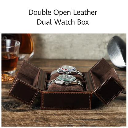 Retro Luxury Genuine Leather 2 Slots Watch Roll Case Travel Portable Organizer Display Storage Box with Pillow Handmade Gifts