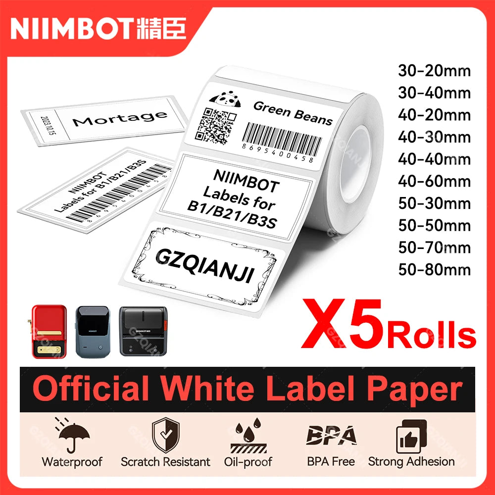 5 Rolls Niimbot Thermal Papel For B21 B1 Printer Home Office Labels Roll Colorful Adhesive Paper Square Printable Sticker Papers