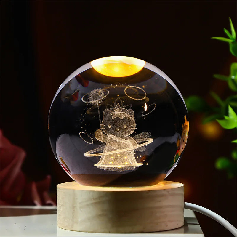 6cm 3d Crystal Ball Led Night Stitch Pikachu Doraemon A Dream Hellokitty Desktop Decoration Lamp Laser Carving Children Gifts