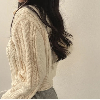 Twists Knit Short Coat Long Sleeve Zipper Sweater Casual Women Cardigan Vintage Winter Korean Chic Elegant 2024 Lady Trend Top