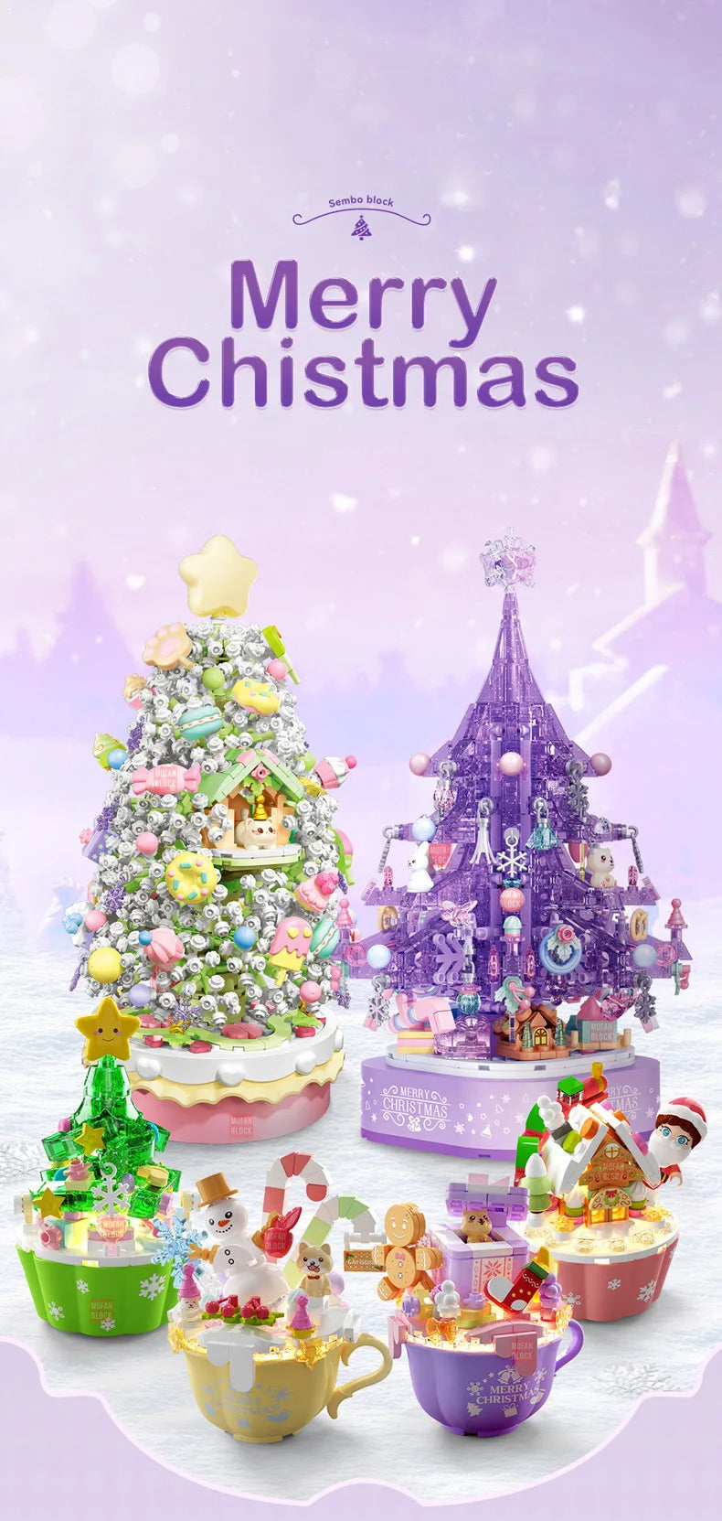SEMBO Fantasy Christmas Tree Light Music Box Building Blocks MOC Sweet Cake Cup Model Bricks Toys Romantic Gifts for Girlfriend