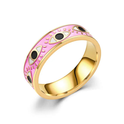 Pink Red Blue Enamel Engrave Cute Lovely Turkish Evil Eye Stainless Steel Rings 6MM Gold Color Eternity Band Rings For Women