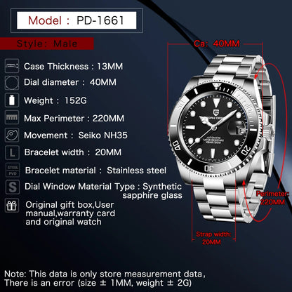 PAGANI DESIGN Men Automatic Mechanical Watches Luxury Sport Dive Clock NH35 Auto Date Sapphire 40MM Watch For Men reloj hombre