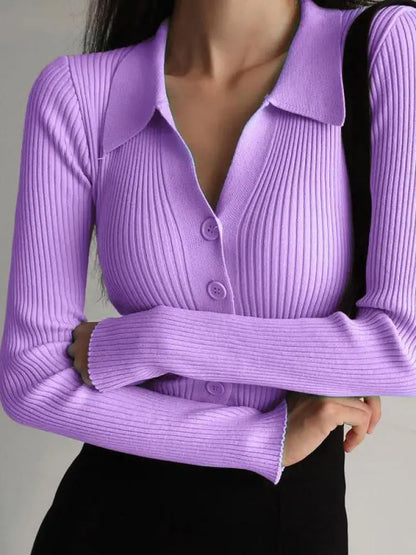 AOSSVIAO 2024 Ladies Buttons Sexy V Neck Long Sleeve POLO Neck Knit Cardigan Sweater Women Lapel Slim Tops