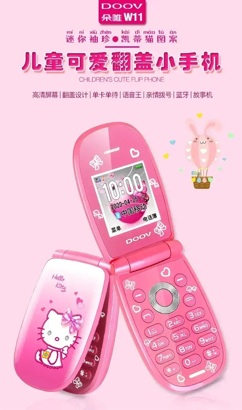Sanrio Hello Kitty Flip Phone New Cartoon Cute Children White Pink Kawaii Mini Phone Children Birthday Gifts Fashion Model Toys