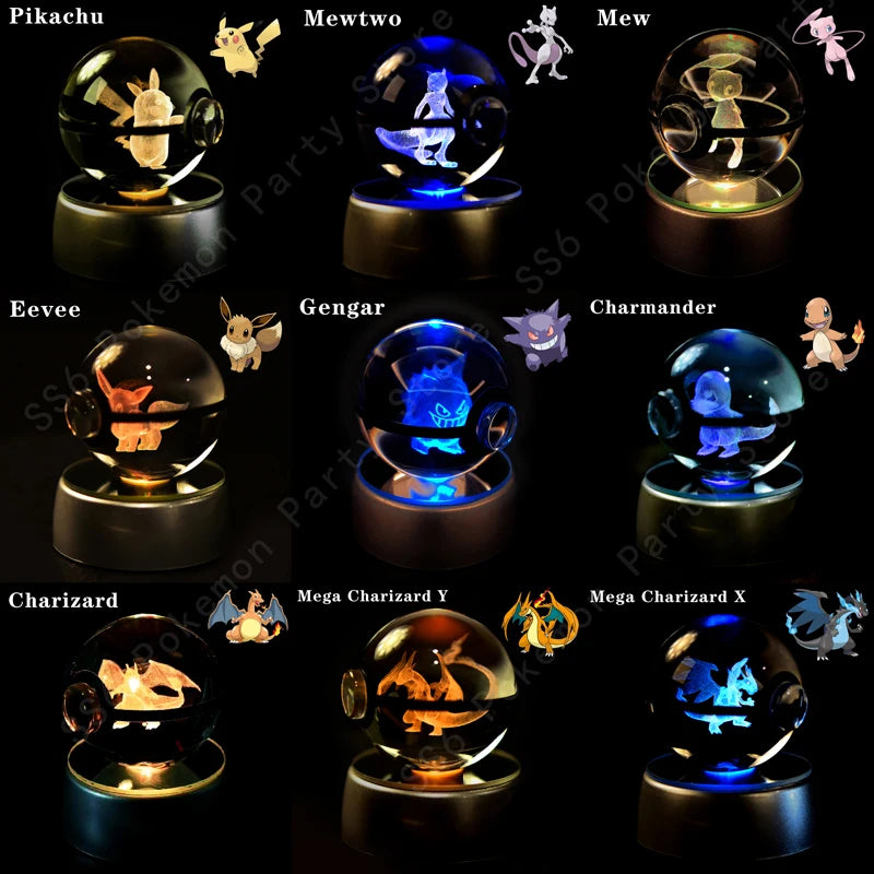 Lámpara de bola de cristal de Pokémon 3D, Pikachu, Gengar, Mew, Mewtwo, base para lámpara, bola de cristal de Pokémon, figura de bola de cristal, luz nocturna, regalo de cumpleaños