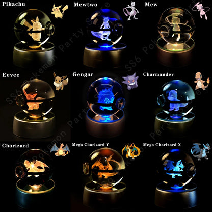 Lámpara de bola de cristal de Pokémon 3D, Pikachu, Gengar, Mew, Mewtwo, base para lámpara, bola de cristal de Pokémon, figura de bola de cristal, luz nocturna, regalo de cumpleaños