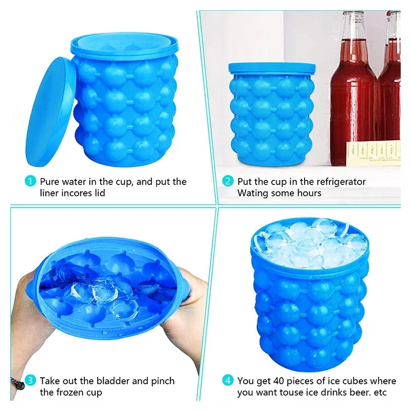 Portable 2 in 1 Large Silicone Ice Bucket Mold with Lid Space Saving Cube Maker Tools for Kitchen Party Barware