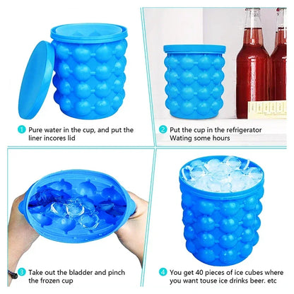 Portable 2 in 1 Large Silicone Ice Bucket Mold with Lid Space Saving Cube Maker Tools for Kitchen Party Barware