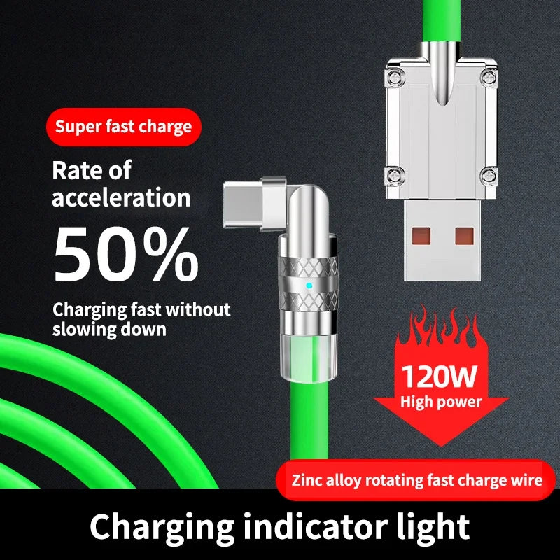 120W Usb Type C Fast Charge Cable 180 Degree Elbow Rotation Type C-Lightning Zinc Alloy Liquid Silicone Data Cable with Light