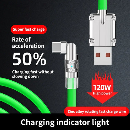 120W Usb Type C Fast Charge Cable 180 Degree Elbow Rotation Type C-Lightning Zinc Alloy Liquid Silicone Data Cable with Light
