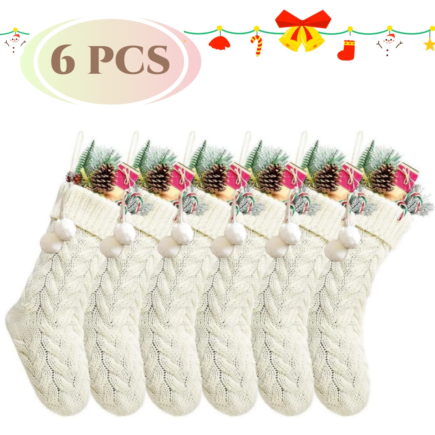 4/6PCS Christmas Stockings Knit Xmas Stockings 18 In Large Fireplace Hanging Stockings For Holiday Christmas Tree Party Decor