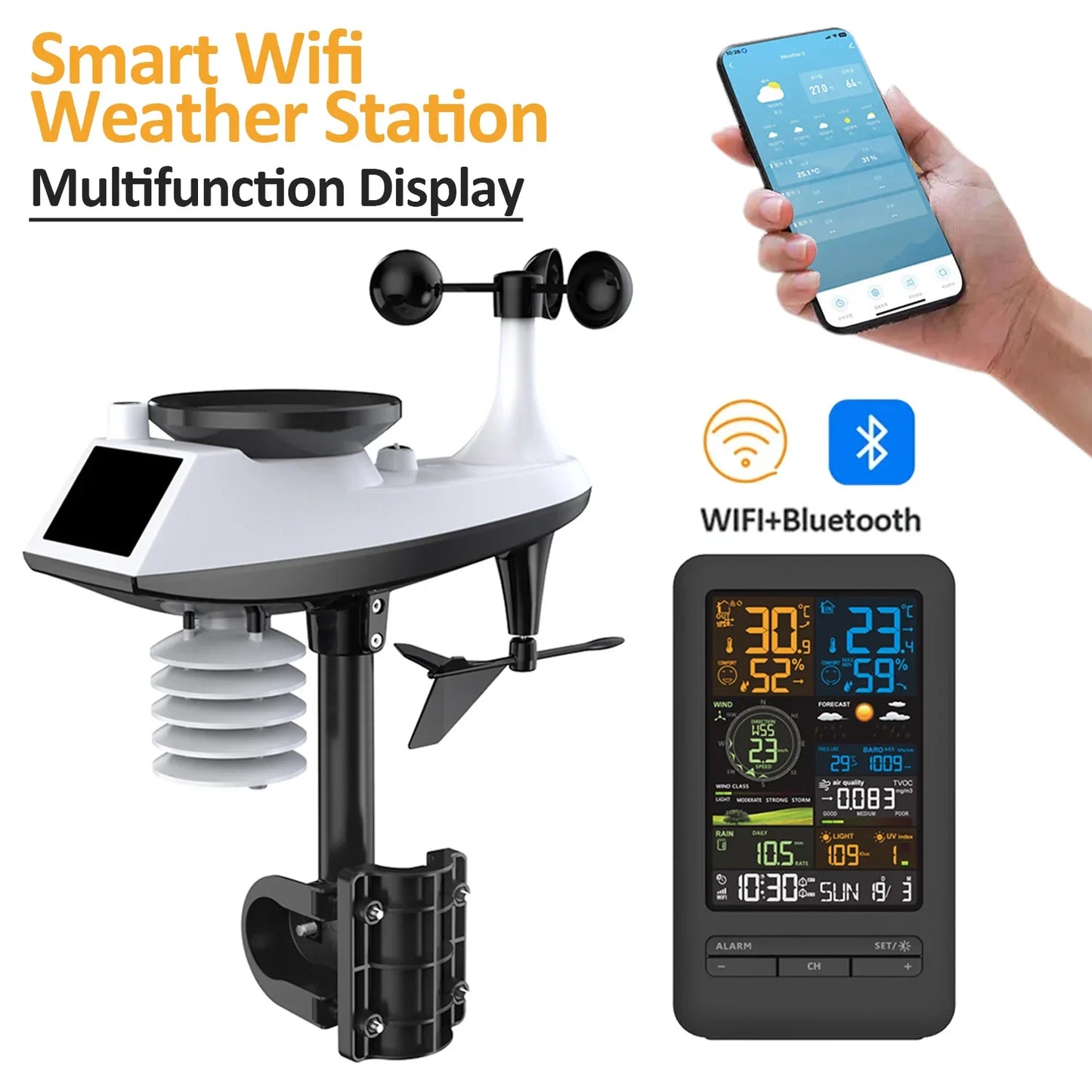 Smart WiFi Weather Station Digital Clock Wind Speed Direction Rainfall Light Index Air Quality Temperature Humidity Monitor