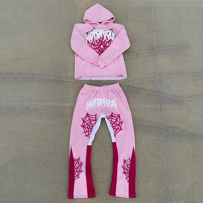 2024 American High Street Harajuku Spider web print Loose Hoodie Y2K Hip Hop Street Men Women's Casual Pullover Sweatpants goth