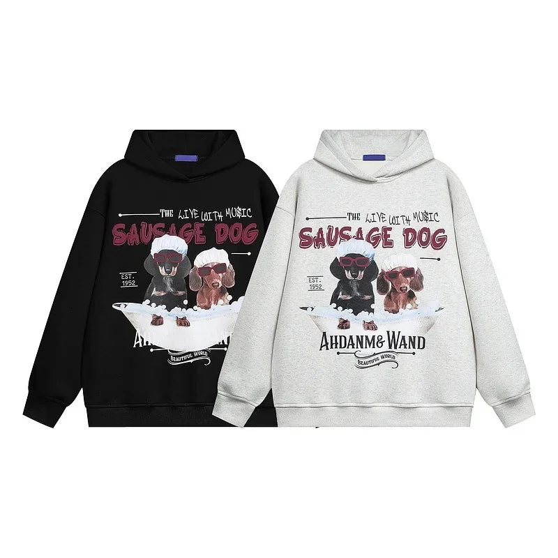 Vintage American Style Men's Creative Cool Dog Print Loose Fit Grey Fleece Lined Hooded Sweatshirt Couple Model Casual Wear