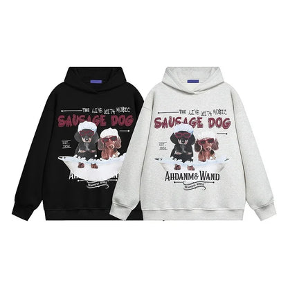 Vintage American Style Men's Creative Cool Dog Print Loose Fit Grey Fleece Lined Hooded Sweatshirt Couple Model Casual Wear