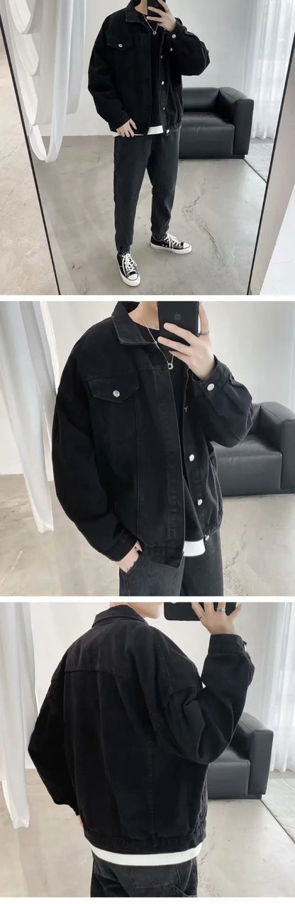 Black Denim Short Jacket Men Turn Down Collar Bomber Jacket Jeans Coats Casual Pockets Overalls Streetwear Man Clothing Outwear