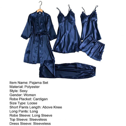 5 Pieces Pajamas Set Satin Home Pyjama Women Nightdress Lace Robe Sleep Suit Cami Vest Cardigan Trouser Sleepwear Gown Lingerie
