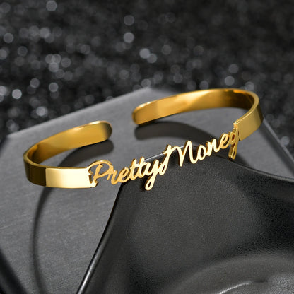 Akizoom Personalized Custom Name Bracelets Heart Crown Stainless Steel Wide Hand Cuff Bangles for Women Men Wedding Jewelry Gift