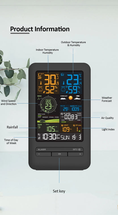 Smart WiFi Weather Station Digital Clock Wind Speed Direction Rainfall Light Index Air Quality Temperature Humidity Monitor