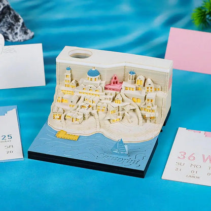 2025 Calendar 3D Notepad Block Santorini 3D Art Calendar With Led Lihjt Memo Pad Paper Notes Desk Decor Birthday Christmas Gift