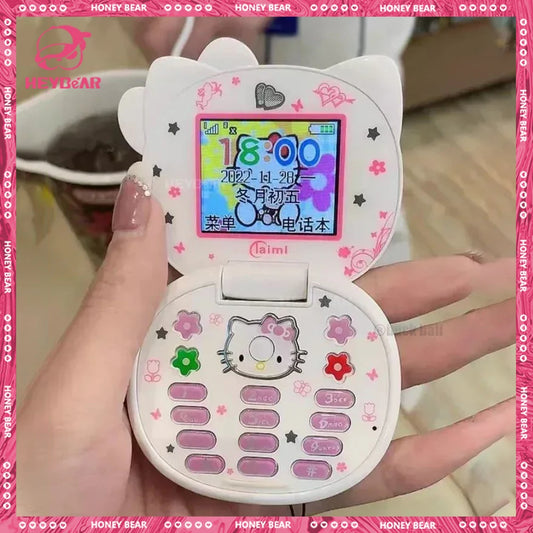 Sanrio Hello Kitty Flip Phone New Cartoon Cute Children White Pink Kawaii Mini Phone Children Birthday Gifts Fashion Model Toys