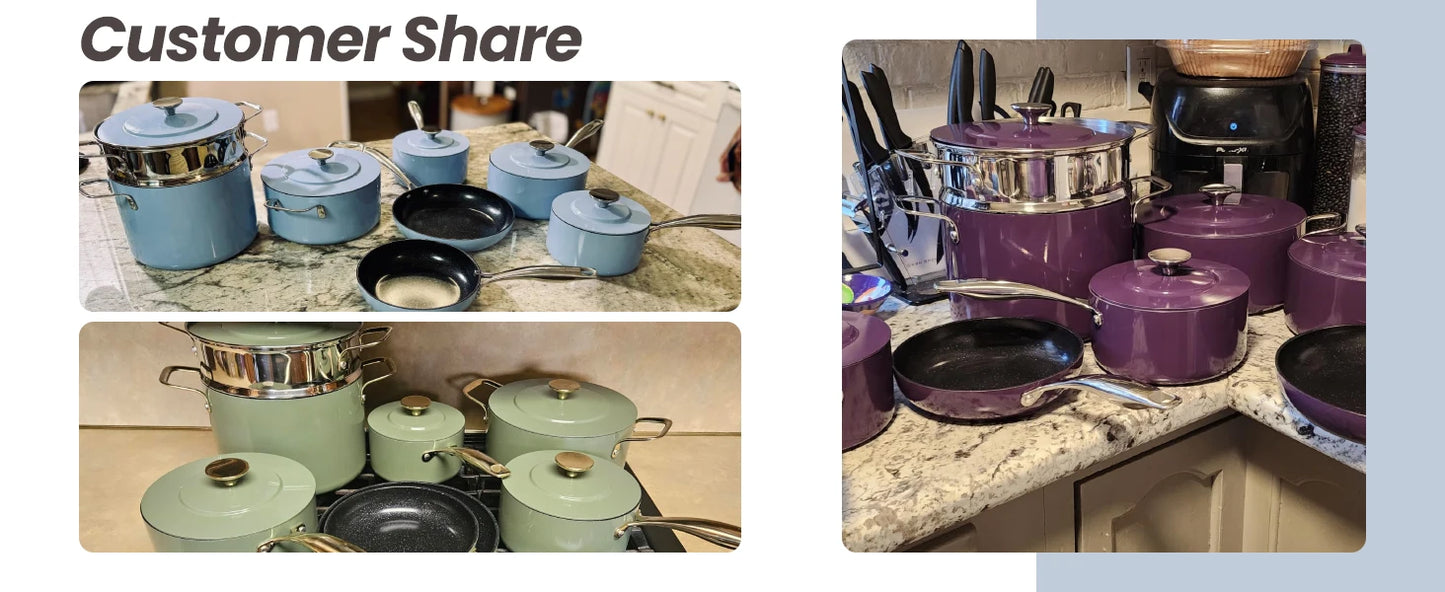 Nuwave Lux LE 13-Pc Cookware Set with Elegant Gold Handle Diamond Infused Ceramic Non-Stick PFAS Free Premium Metal Lids Avocado