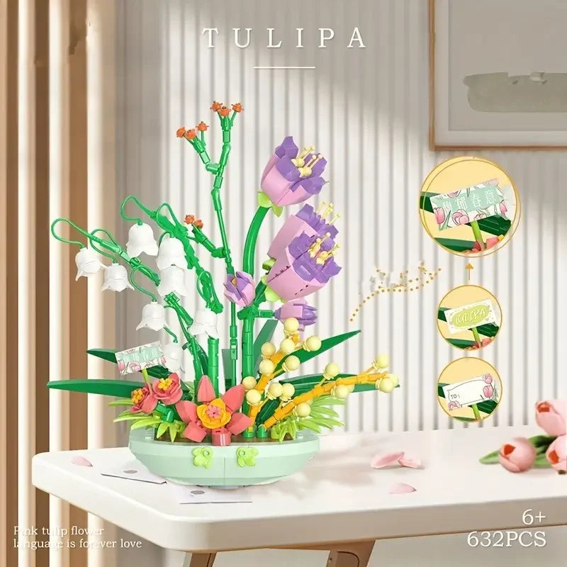 Self-assembling building blocks eternal life fragrant spring potted flower bouquet tide play girl series table decoration small