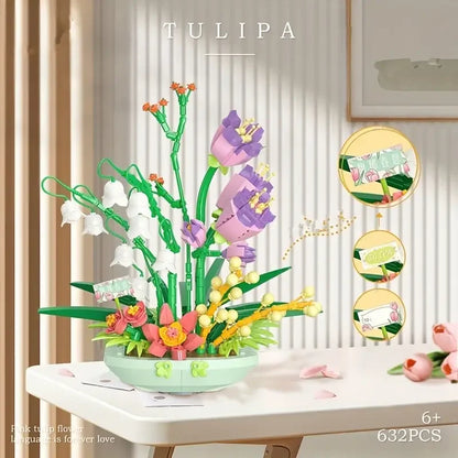 Self-assembling building blocks eternal life fragrant spring potted flower bouquet tide play girl series table decoration small