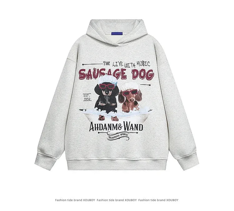 Vintage American Style Men's Creative Cool Dog Print Loose Fit Grey Fleece Lined Hooded Sweatshirt Couple Model Casual Wear