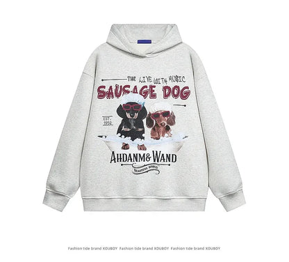 Vintage American Style Men's Creative Cool Dog Print Loose Fit Grey Fleece Lined Hooded Sweatshirt Couple Model Casual Wear