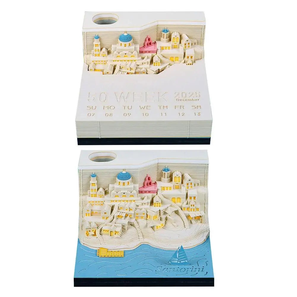 2025 Calendar 3D Notepad Block Santorini 3D Art Calendar With Led Lihjt Memo Pad Paper Notes Desk Decor Birthday Christmas Gift