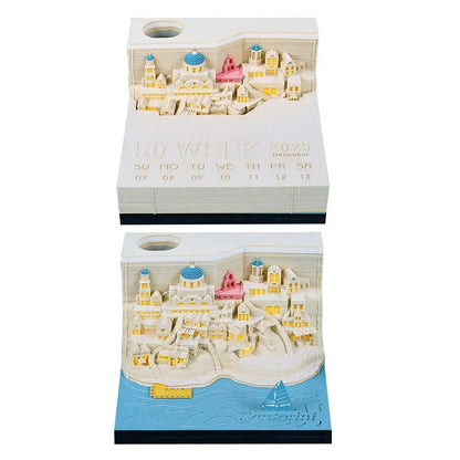 2025 Calendar 3D Notepad Block Santorini 3D Art Calendar With Led Lihjt Memo Pad Paper Notes Desk Decor Birthday Christmas Gift