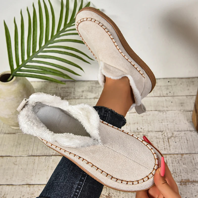 2024 New Hot Sale Suede Leather Ankle Boots Women Round Toe Thicken Fuzzy Snow Boots Comfortable Flat Anti-Slip Booties Mujer