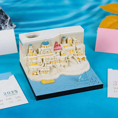 2025 Calendar 3D Notepad Block Santorini 3D Art Calendar With Led Lihjt Memo Pad Paper Notes Desk Decor Birthday Christmas Gift