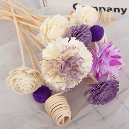 19 varillas de repuesto para difusor de aceite de ratán, hechas a mano, con flores de imitación moradas