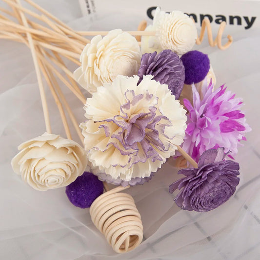 19 varillas de repuesto para difusor de aceite de ratán, hechas a mano, con flores de imitación moradas