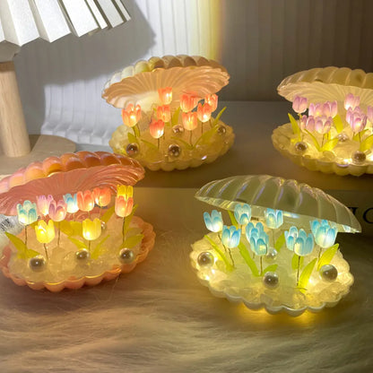9 Flowers Shell Tulip Night Lamp Handmade Diy Home Decor Bedroom Atmosphere Light Girl Mother Girlfriend Valentine's Day