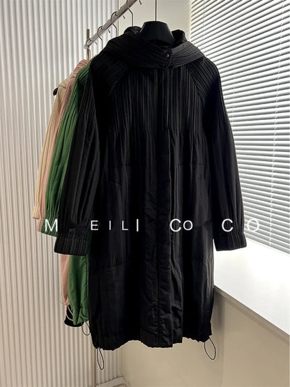ALSEY Miyake Pleated Solid Collar Hooded Fashion Women's Jacket 2024 Autumn Winter New Long-sleeved Slim Lengthened Windbreaker