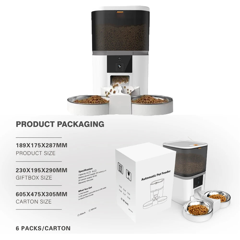 Comedero automático para gatos de 4 l, comedero inteligente para mascotas, dispensador de comida para gatos y perros pequeños con cámara grabadora, temporizador cuantitativo, cuenco doble