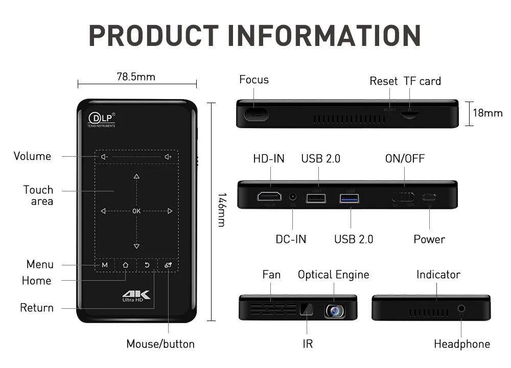 Portable mini projector android 9 1G 8G HD-MI input 3D 4K movie projector P09-II with mirroring DLP projector